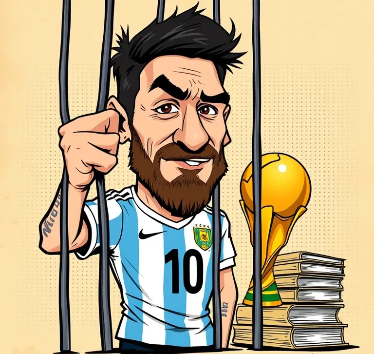 Recreación artística en caricatura del acusado tras las rejas, con la copa y los expedientes